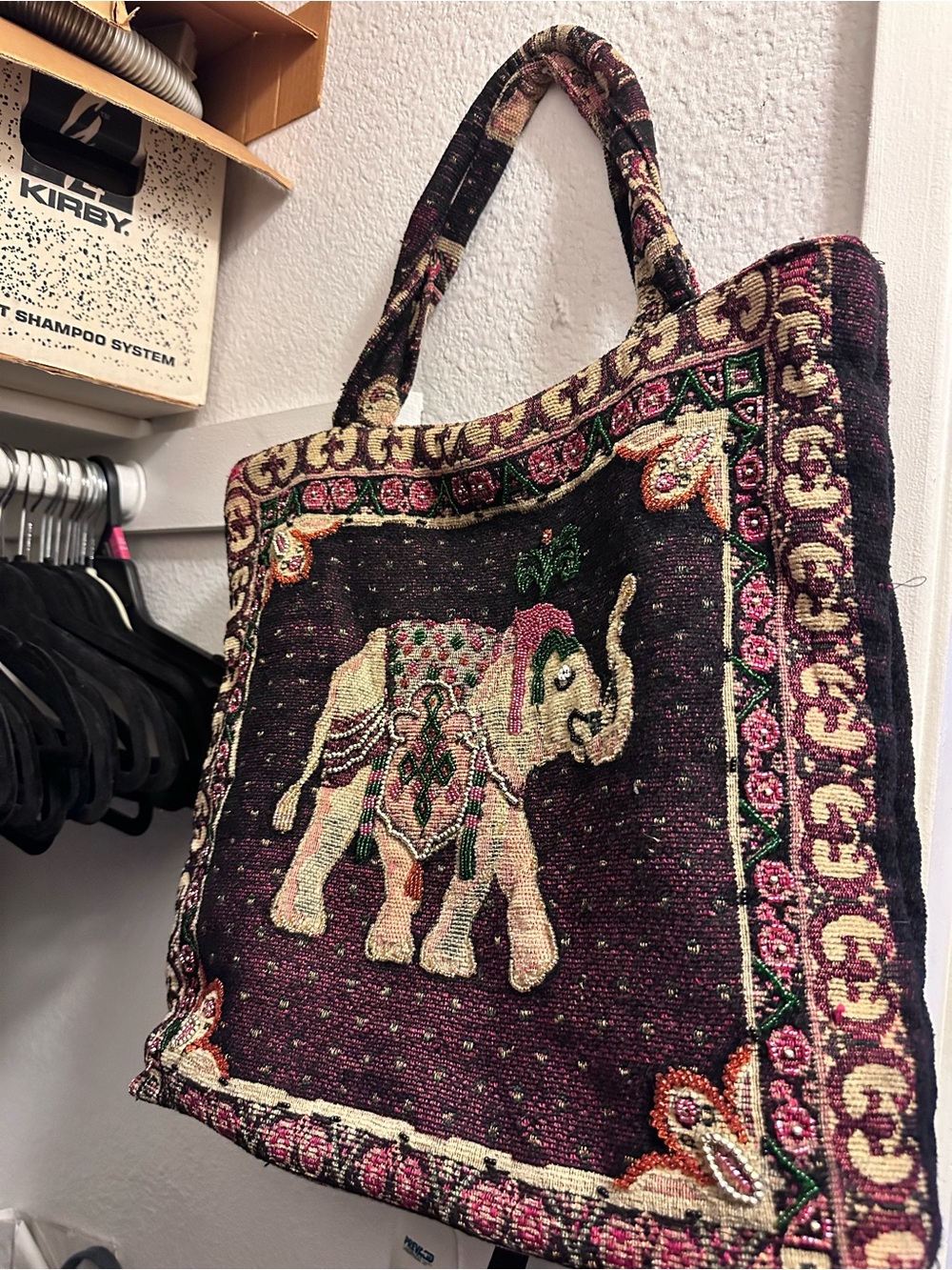 Bohemian Indian handmade Embroidered Elephant Tote Bag in Deep Plum